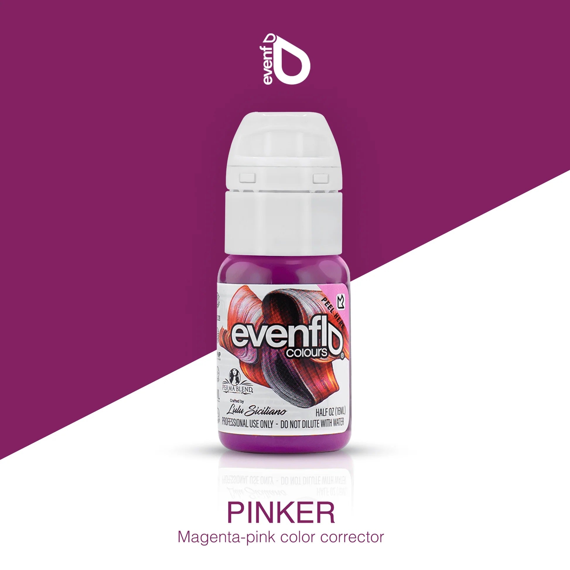Evenflo Lip Pigments magenta-pink color corrector bottle against purple and white background