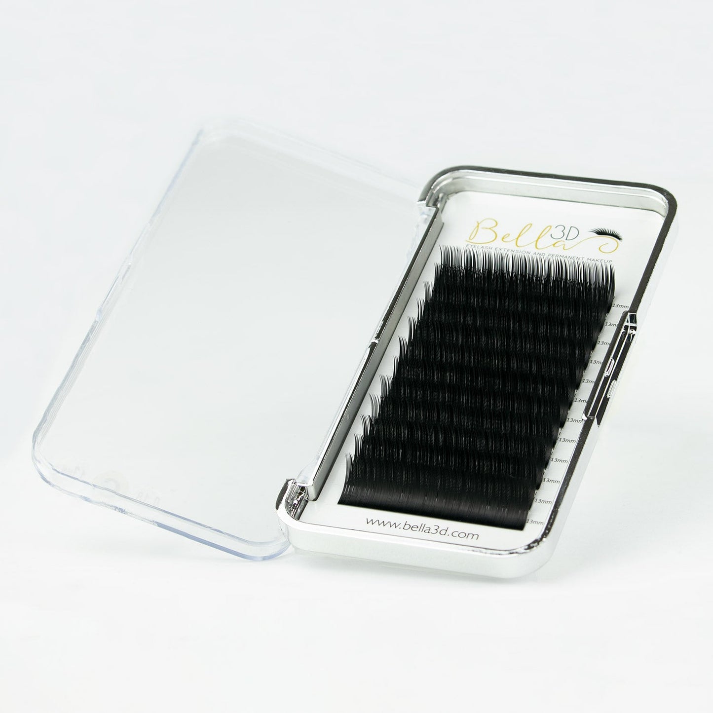 Tray of black eyelash extensions labeled Exclusive Classic Lashes - 0.12 by Bella 3D with clear protective lid open