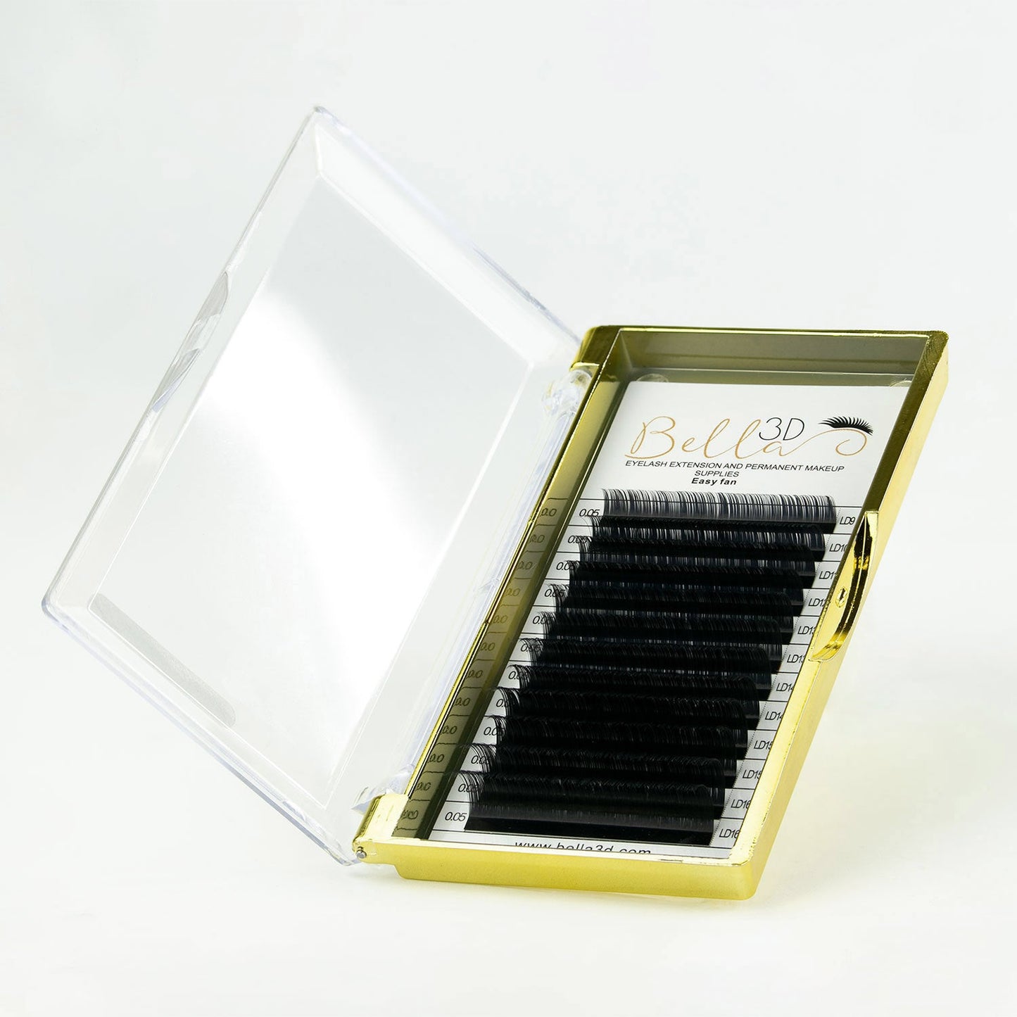 Exclusive - LD Curl Lashes - 0.03 - 0.15 in gold case with black eyelash extensions for professional use