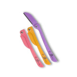 Feather Facial Touch-Up Razor Pack in pink, yellow, and purple with engraved flamingo design on handles