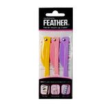Feather Facial Touch-Up Razor Pack with yellow, pink, and purple razors for precise facial hair trimming and shaping.