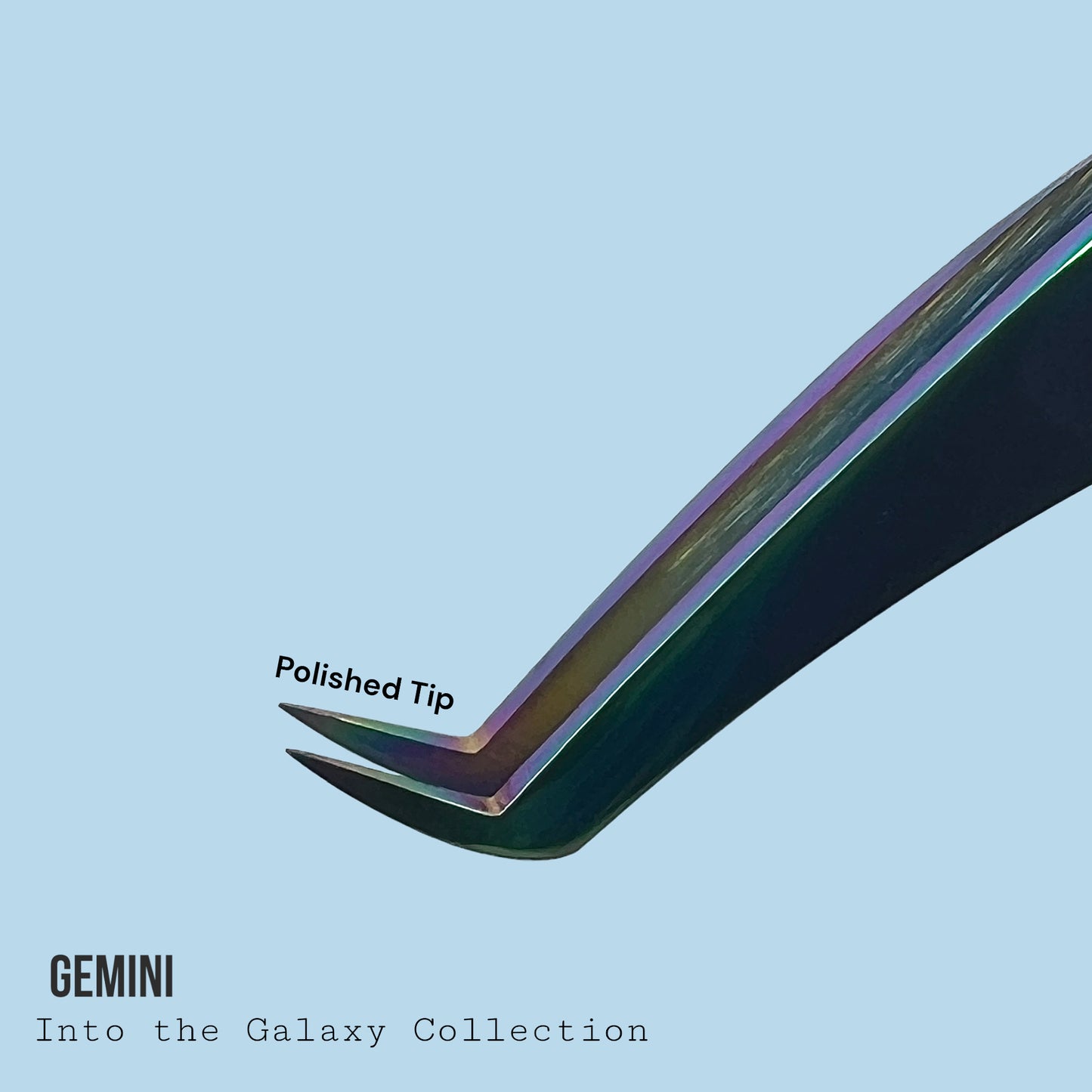 Close-up of the polished tip of the Gemini Volume Tweezer - Into The Galaxy Collection designed for eyelash extension application.