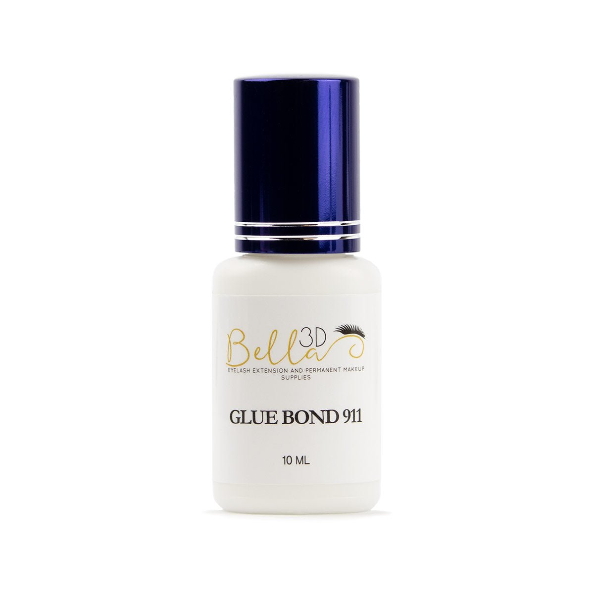 Bottle of Glue Bond 911 eyelash extension adhesive by Bella 3D, white with blue cap, 10 ml size