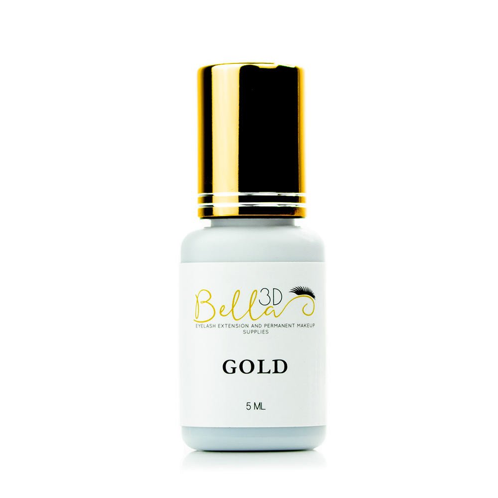 Small white bottle with gold cap labeled Bella 3D Gold Adhesive for eyelash extension supplies