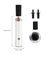 Handheld Electric Glue Shaker with white body, rose gold accents, two black adapters, and a black cap for eyelash extension adhesive.