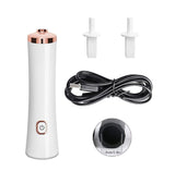 Handheld Electric Glue Shaker in white with rose gold accents, USB cable, and two white plastic adapters.