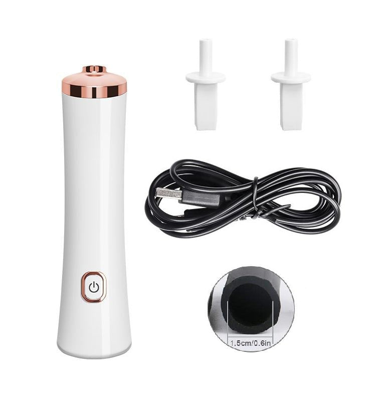 Handheld Electric Glue Shaker in white with rose gold accents, USB cable, and two white plastic adapters.