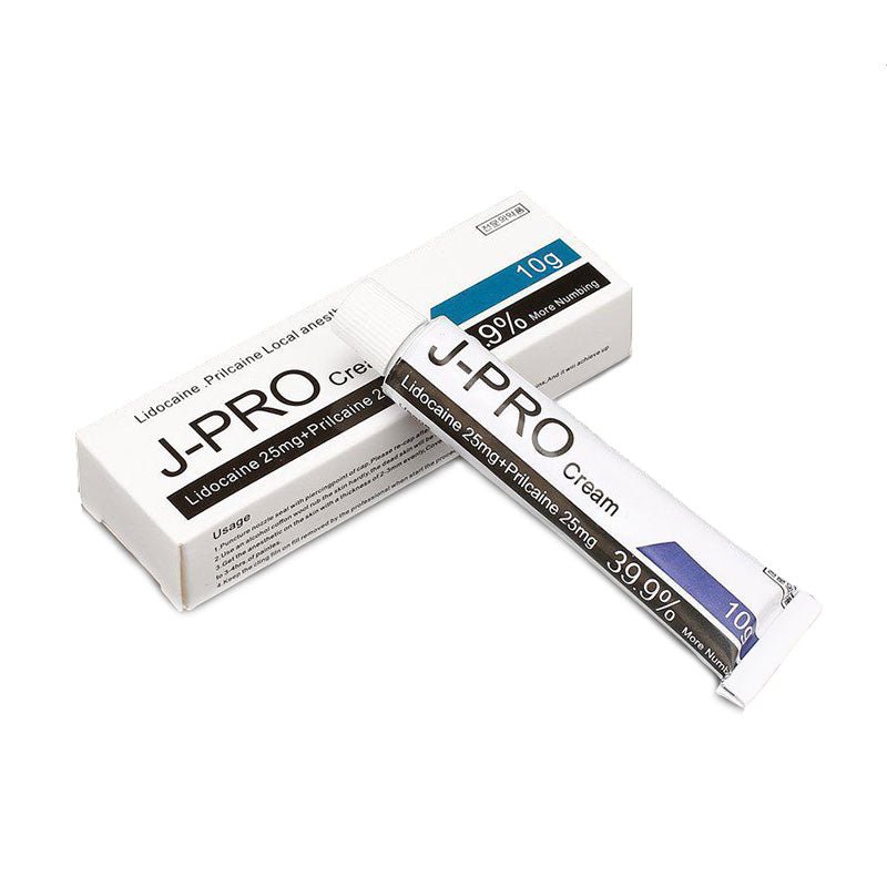 J-Pro Cream Numbing Anesthetic tube and box packaging containing lidocaine for microblading and tattoo procedures.