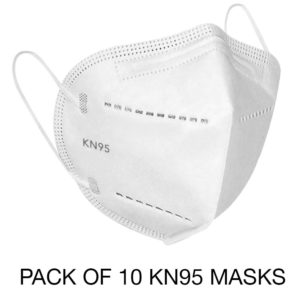 White protective KN95 Masks with ear loops, designed for comfortable and secure fit, pack of 10 shown.