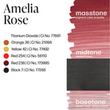 LUXE - Amelia Rose pigment color chart showing masstone, midtone, basetone with color codes and names.