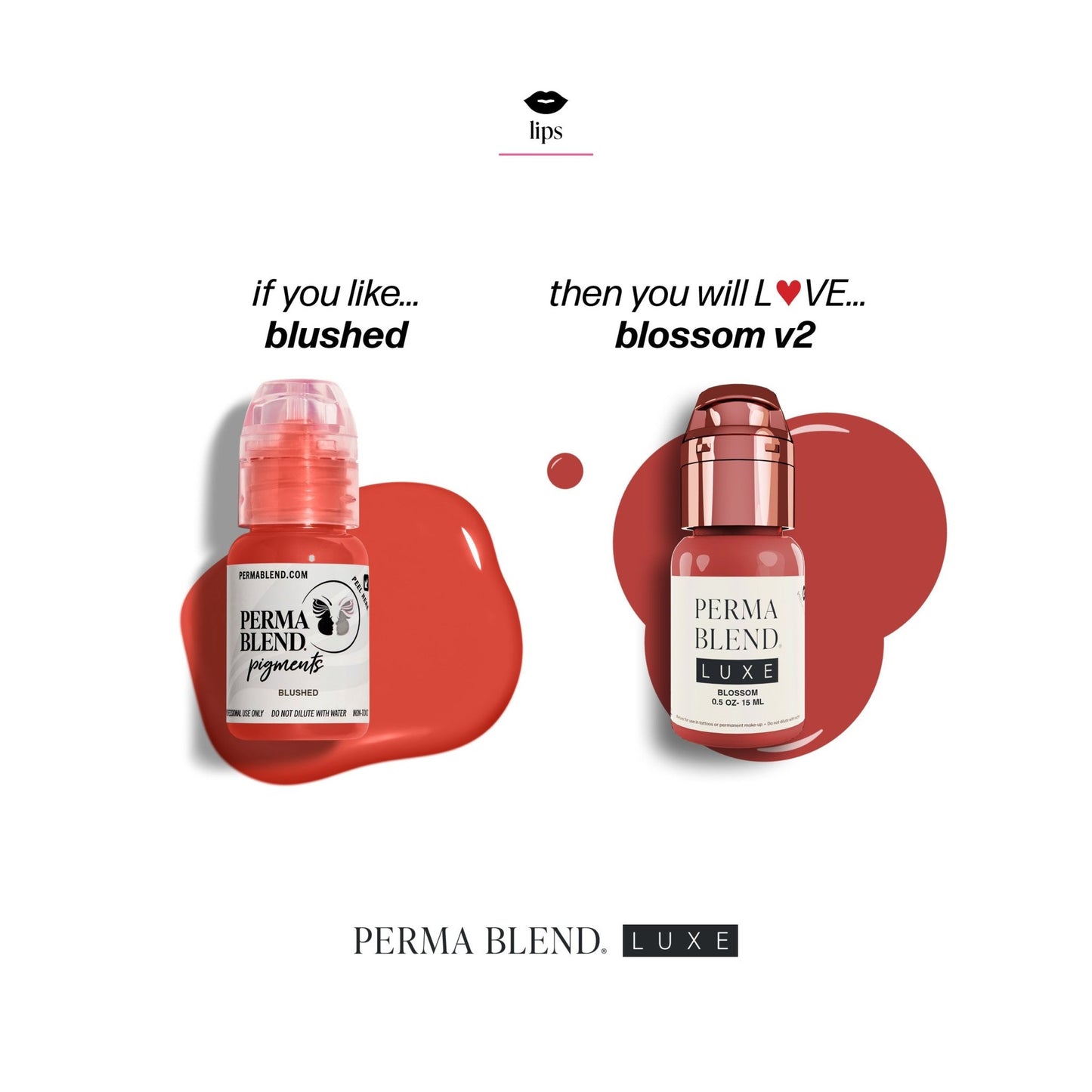 Comparison of two reddish pigment bottles with the LUXE - Blossom V2 pigment featured on the right side
