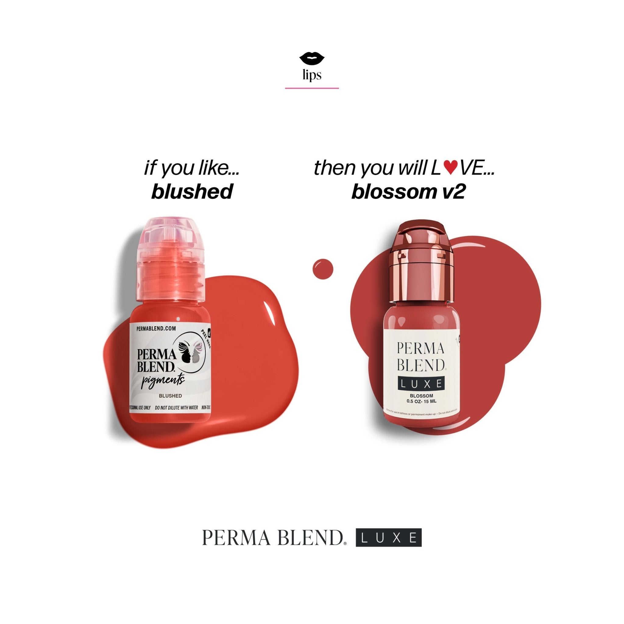 Comparison of two reddish pigment bottles with the LUXE - Blossom V2 pigment featured on the right side