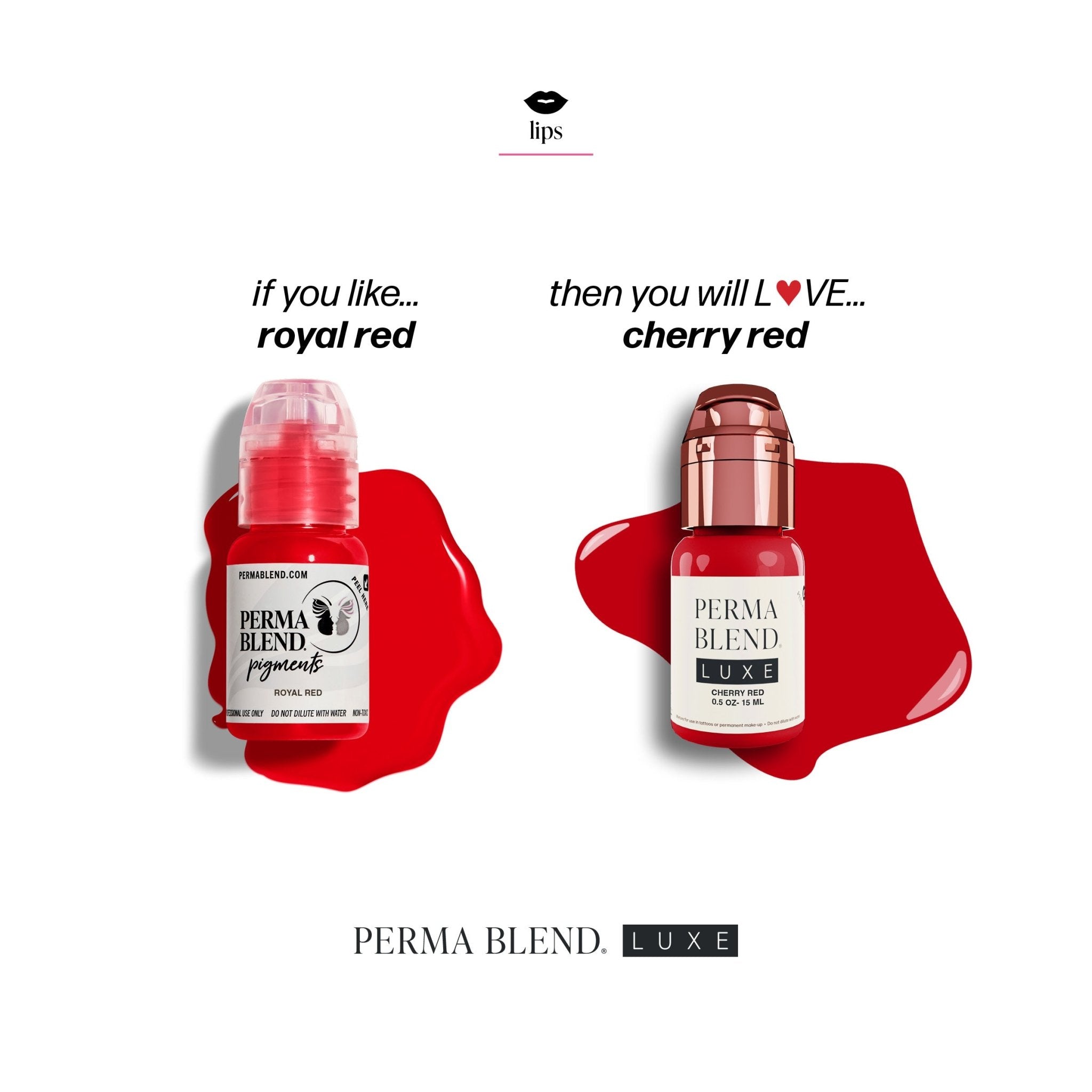 LUXE - Cherry Red pigment bottle with cherry red liquid swatch beside a royal red pigment bottle and text comparison