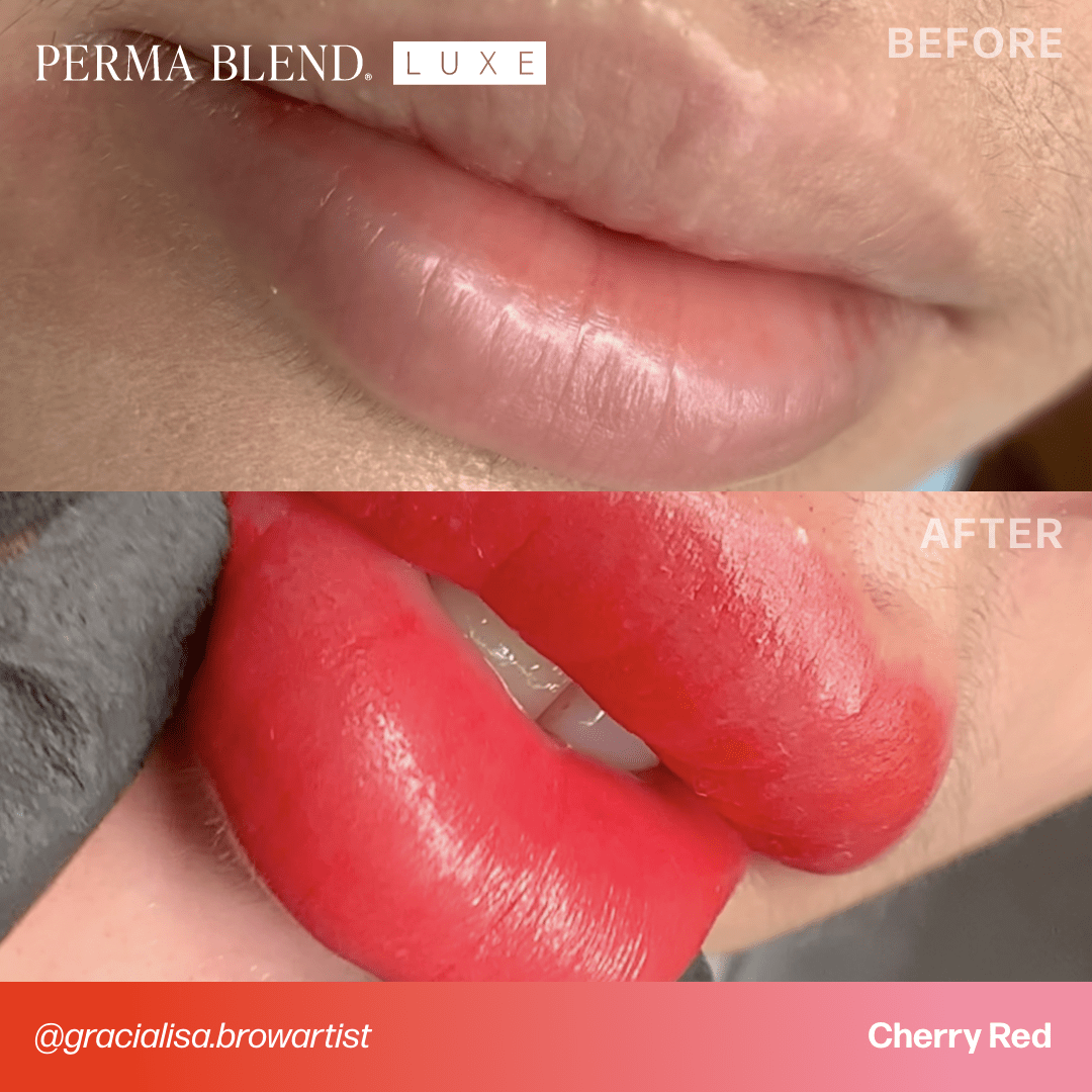 Lips before and after permanent makeup with LUXE - Cherry Red pigment showing vibrant red lip color transformation
