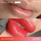 Lips before and after permanent makeup with LUXE - Cherry Red pigment showing vibrant red lip color transformation
