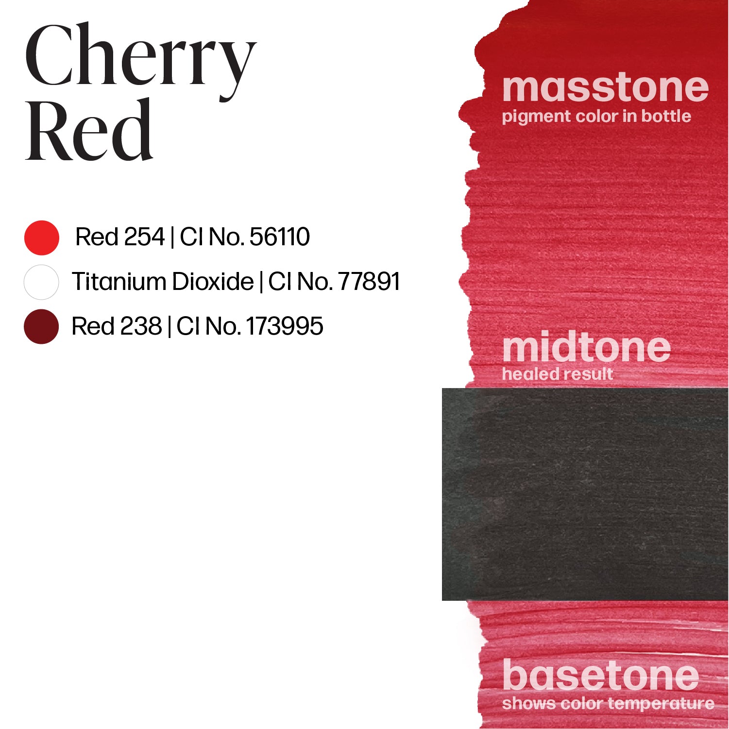 LUXE - Cherry Red pigment color swatch showing masstone, midtone, and basetone with color codes and names