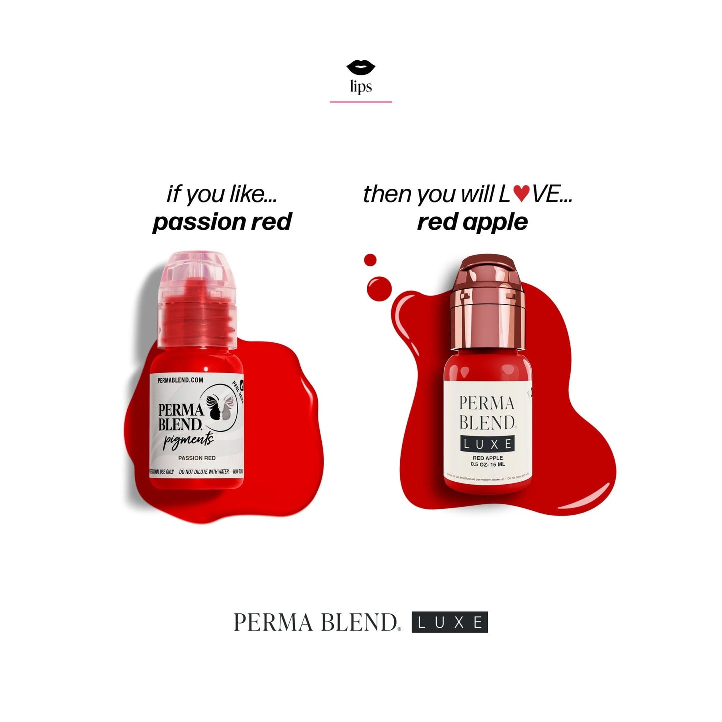 LUXE - Red Apple pigment bottle next to a splash of red color comparing passion red shade by Perma Blend.