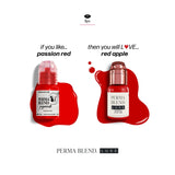 LUXE - Red Apple pigment bottle next to a splash of red color comparing passion red shade by Perma Blend.