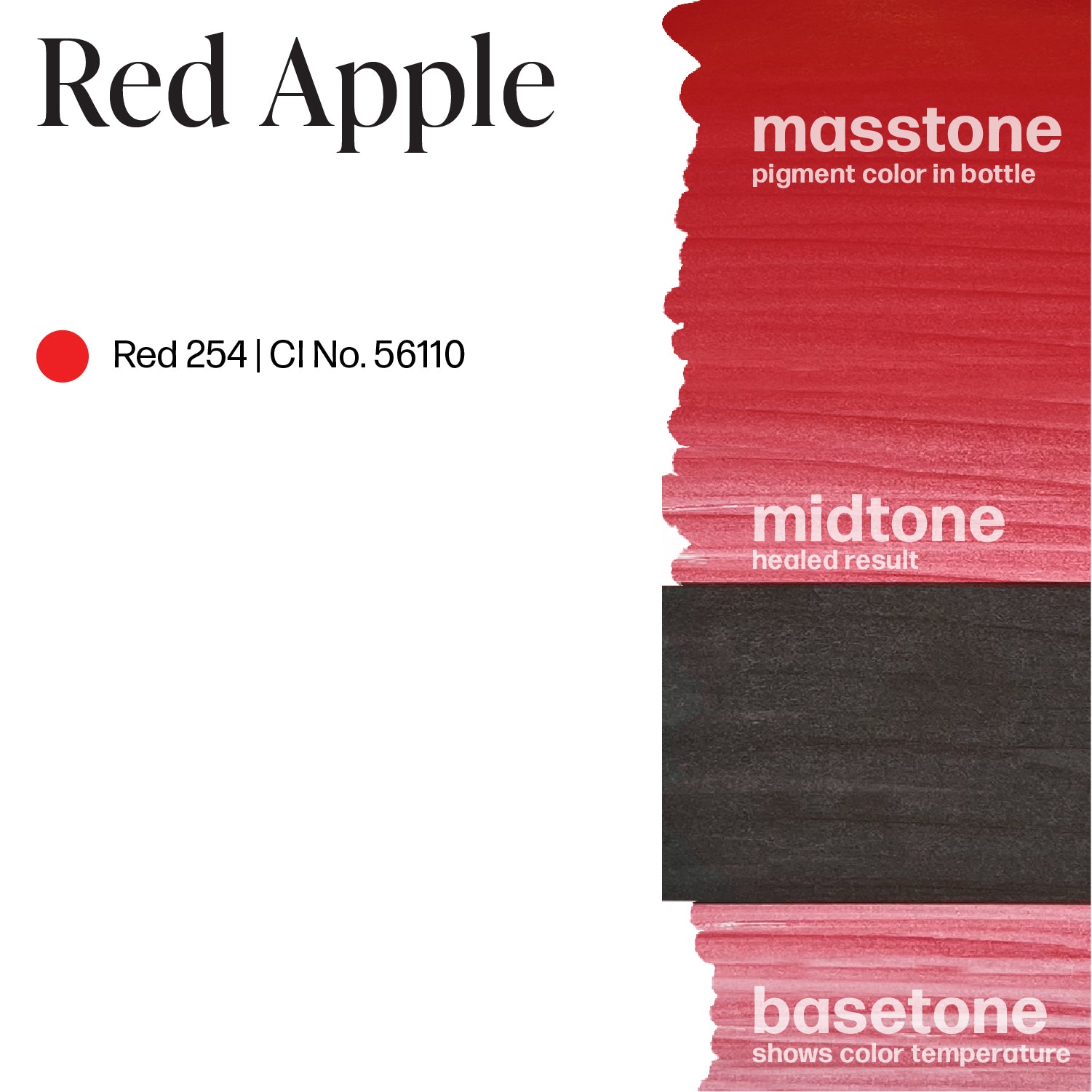 LUXE - Red Apple pigment color swatches showing masstone, midtone, and basetone shades for microblading use