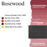 LUXE - Rosewood pigment color swatches with red, yellow, and titanium dioxide ingredients labeled for permanent makeup use