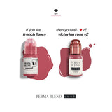 Two bottles of Perma Blend pigment shades with swatches, featuring LUXE - Victorian Rose V2 on the right side