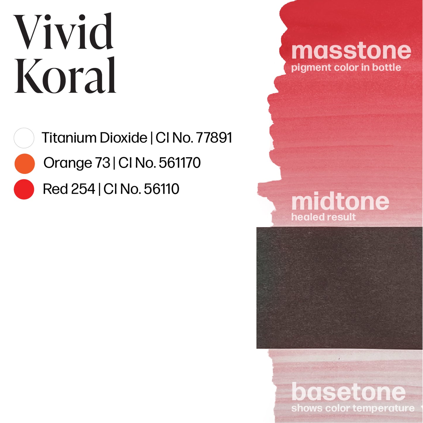 LUXE - Vivid Koral pigment color swatch with mass tone, midtone, and base tone shades in coral hues