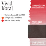 LUXE - Vivid Koral pigment color swatch with mass tone, midtone, and base tone shades in coral hues
