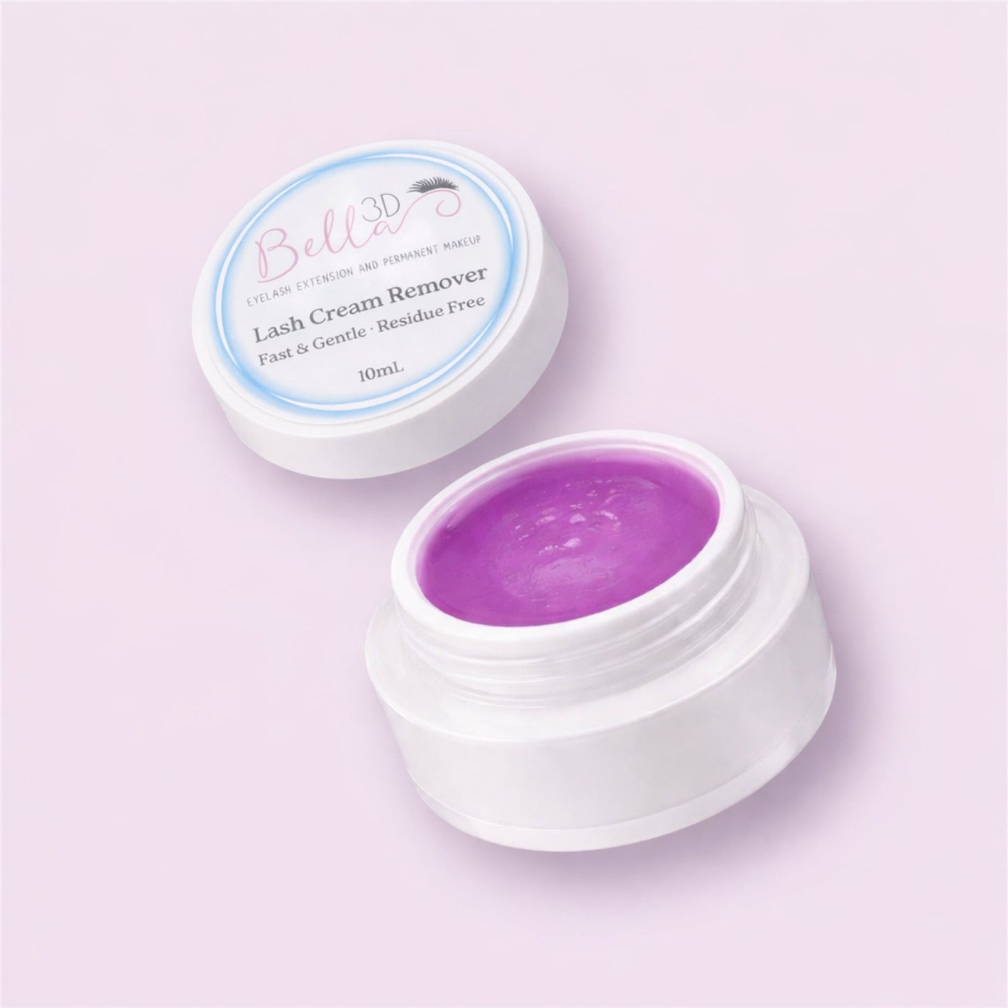 Open white container of purple cream showing Bella 3D Lash Cream Remover for eyelash extensions and makeup removal