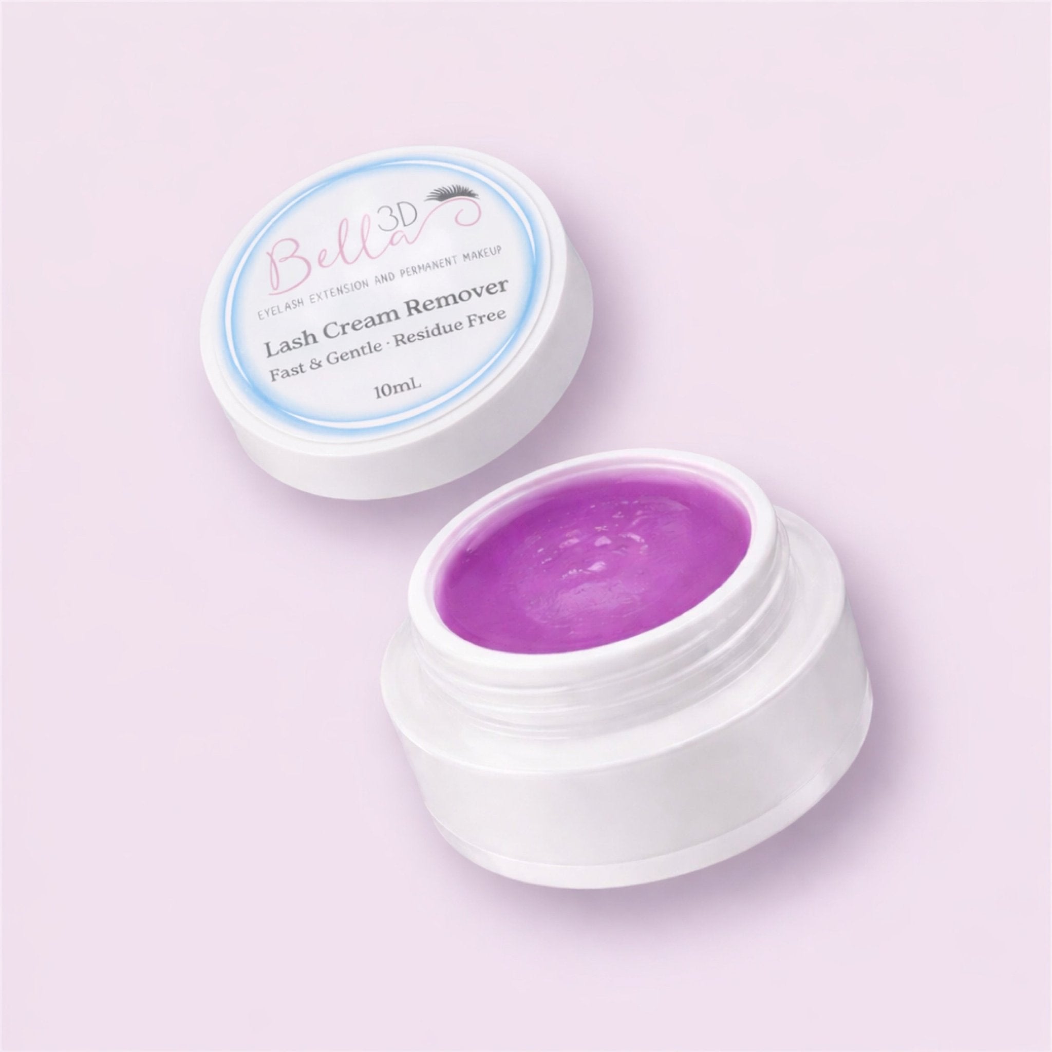 Open white container of purple cream showing Bella 3D Lash Cream Remover for eyelash extensions and makeup removal