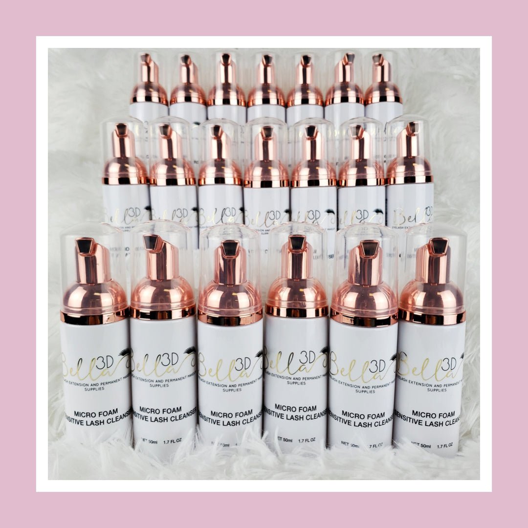Multiple Lash Foam Cleanser - Retail Set bottles with rose gold pumps arranged on a white surface