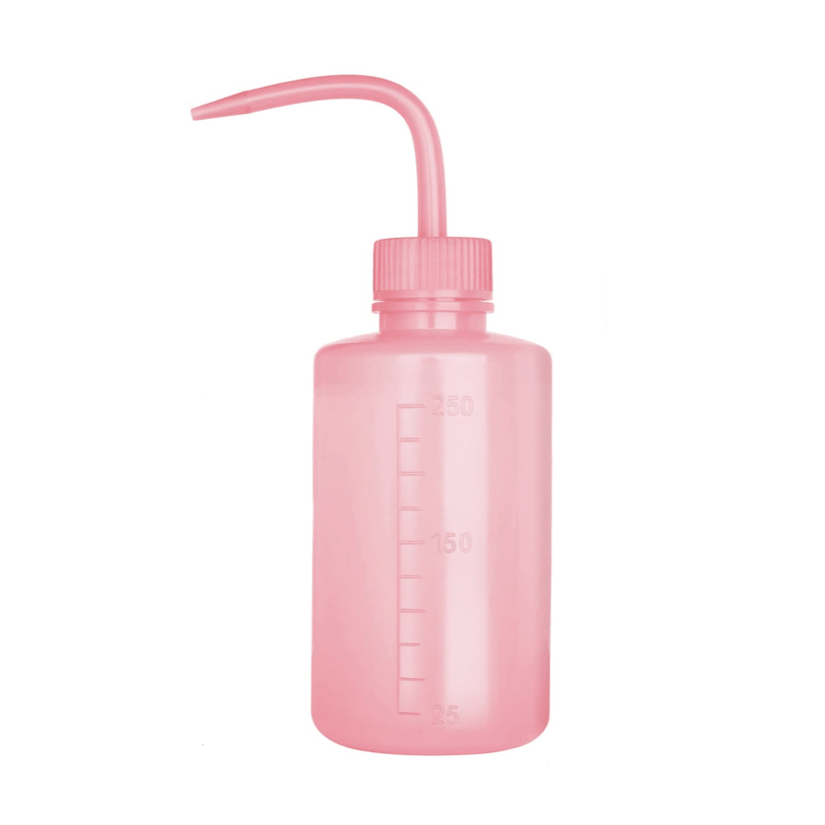 Pink translucent plastic bottle with angled spout and measurement marks for Lash Shampoo Rinse Bottle use