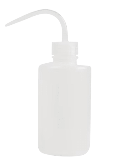 White plastic Lash Shampoo Rinse Bottle with curved nozzle for precise liquid application in eyelash extension care.