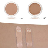 MAYCHEER Concealer in shades 130 and 140 shown in containers with swatches on skin background.