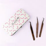 Magnetic Tweezer Case with rose gold eyelash extension tweezers and white eyelash print design on the case
