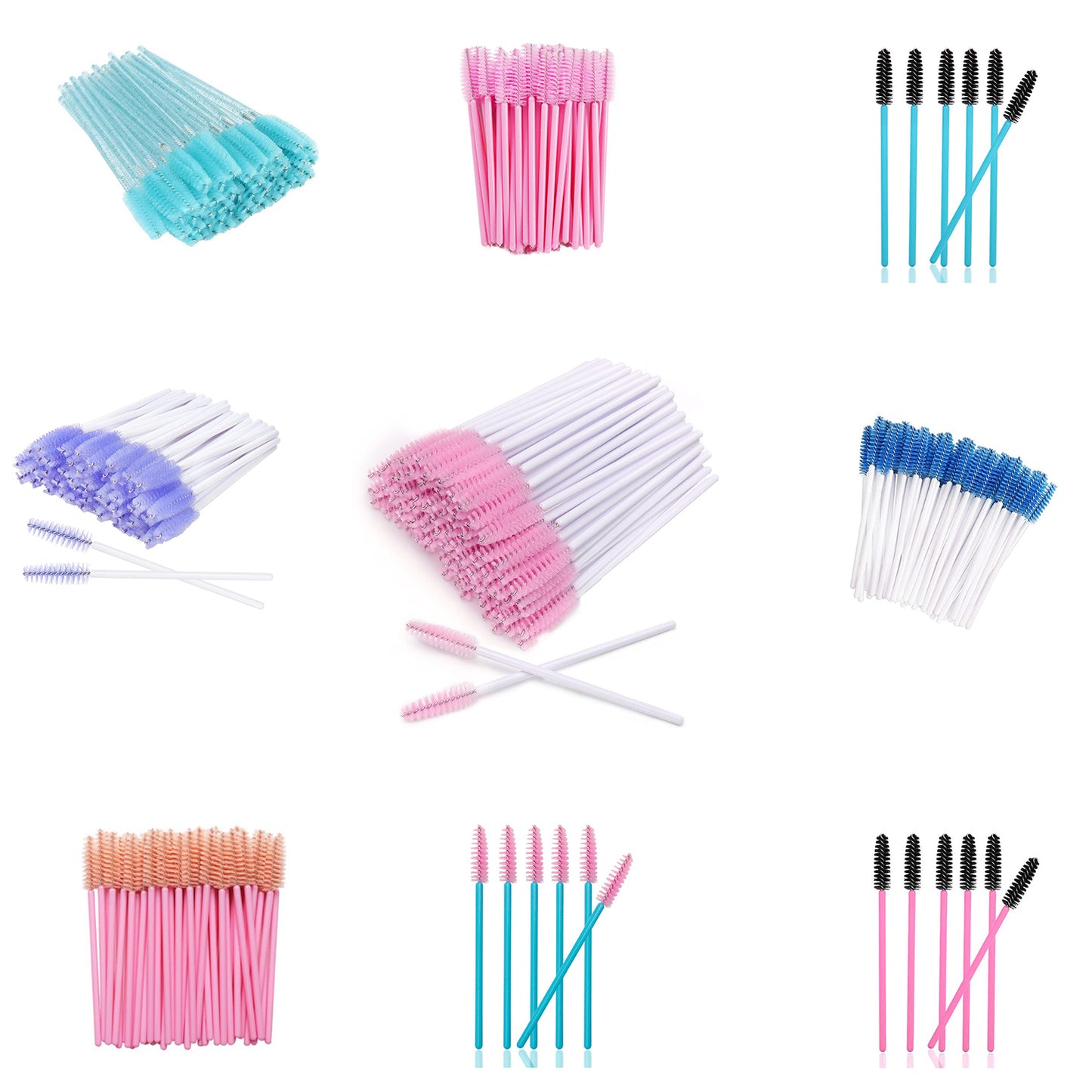 Various colorful Mascara Wands in bundles with different brush shapes and handle colors for eyelash extension accessories