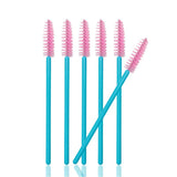 Set of six Mascara Wands with blue handles and soft pink bristles for eyelash extension application and grooming.