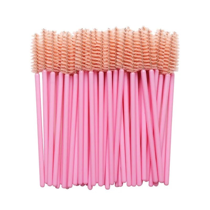 A bundle of pink mascara wands with soft bristles, ideal for eyelash extensions and makeup application.
