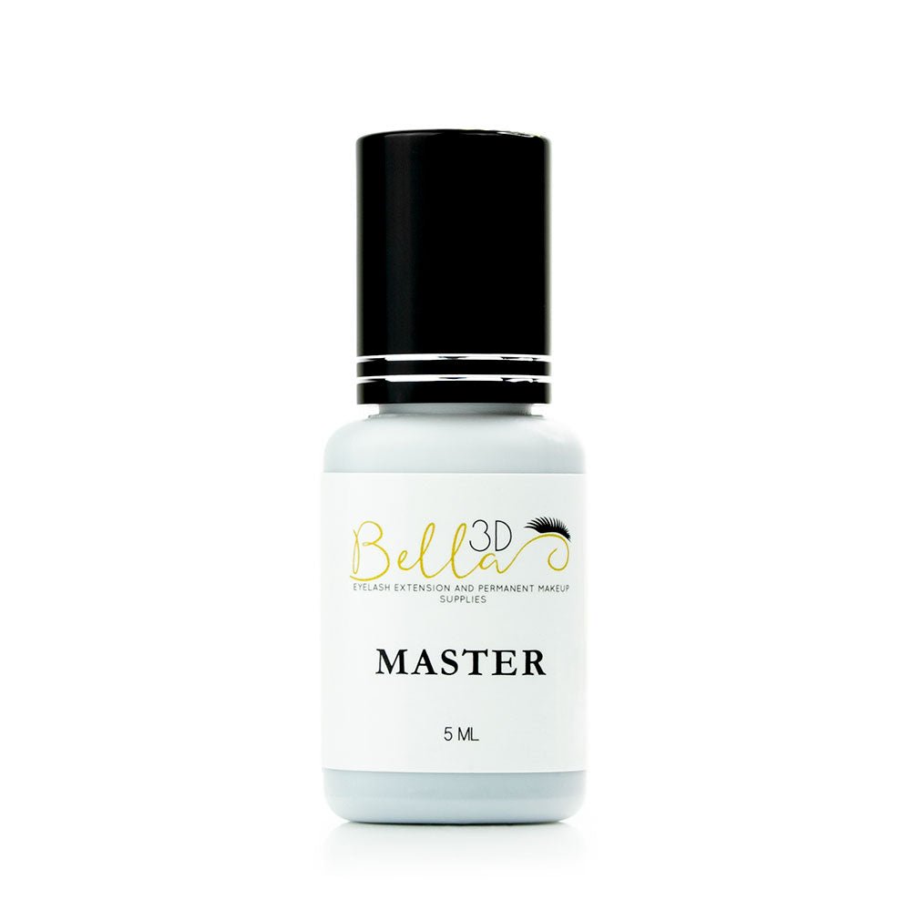 White bottle of Master Adhesive eyelash extensions glue with black cap on white background