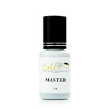 White bottle of Master Adhesive eyelash extensions glue with black cap on white background