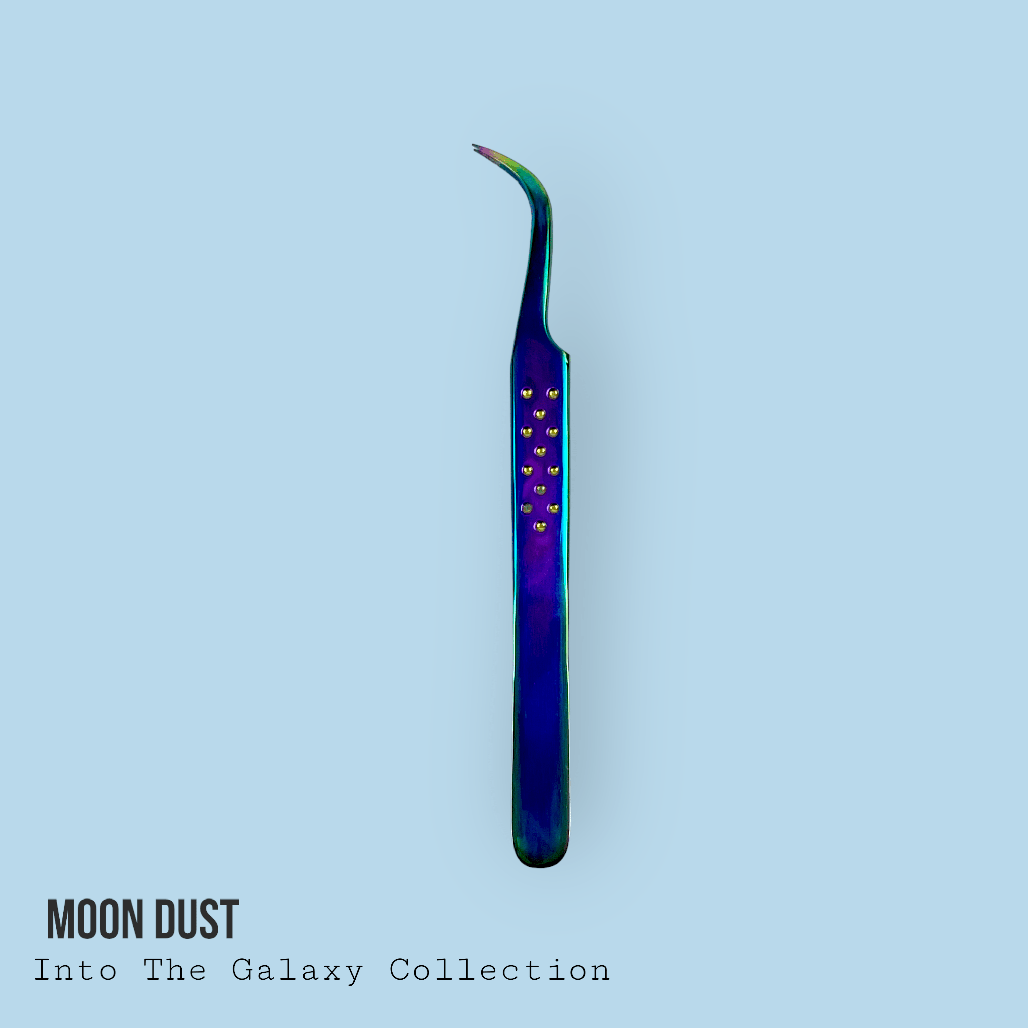 Moon Dust Volume Tweezer - Into the Galaxy Collection with iridescent blue finish and precision curved tip for eyelash extensions