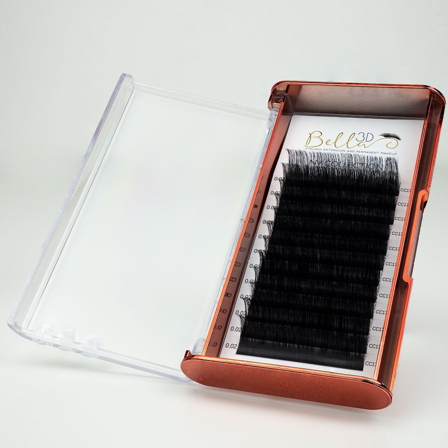 Open tray of Bella 3D eyelash extensions in black, part of the NV Collection 0.02 displayed on white background