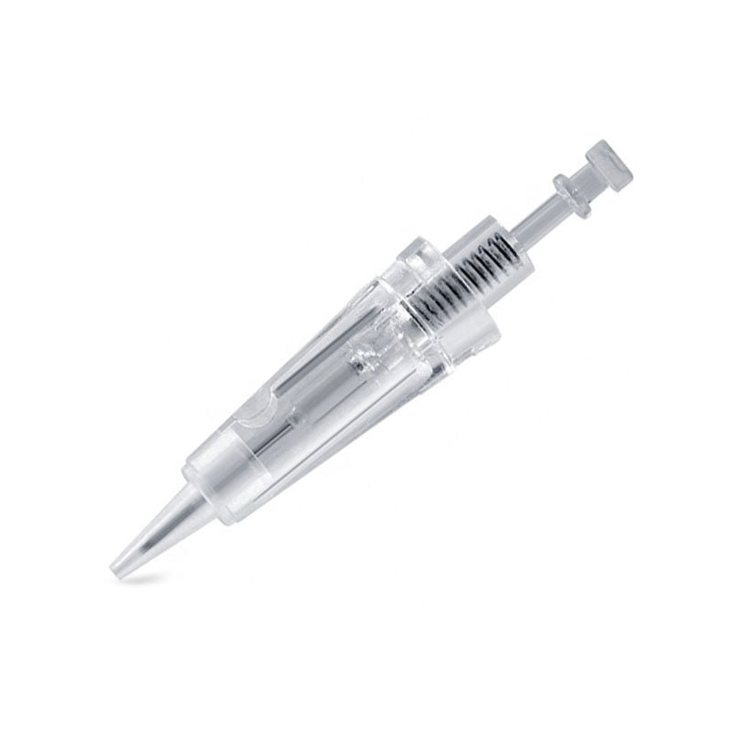 Clear plastic medical device component labeled Nano Tech Needle Cartridge designed for precise application in beauty treatments
