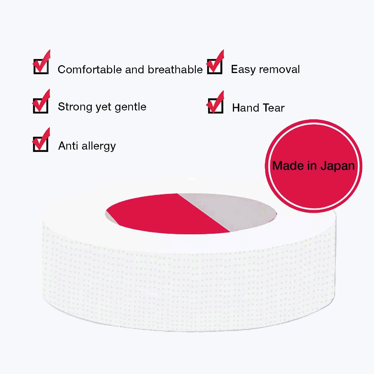 Nichiban Skinergate Flexible Tape roll shown with benefits like breathability, easy removal, strength, and allergy safety