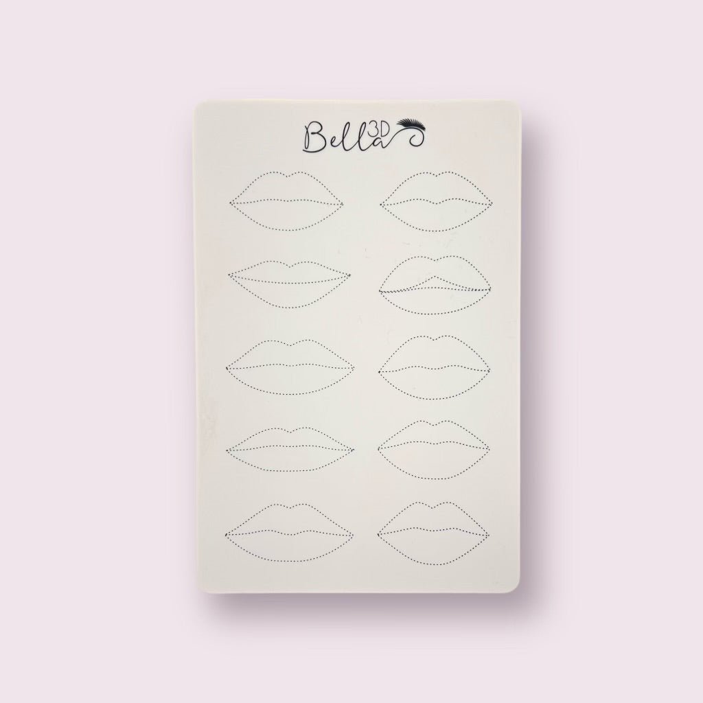 PMU Practice Skin - Lip Shading showing multiple lip outlines for permanent makeup training with Bella 3D branding