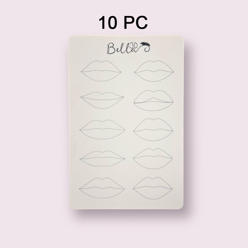 PMU Practice Skin - Lip Shading featuring 10 outlined lip shapes for permanent make-up training and shading practice.