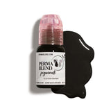 Small bottle of Perma Blend Brow Pigments with blackish brown pigment spilled beside it on a white background