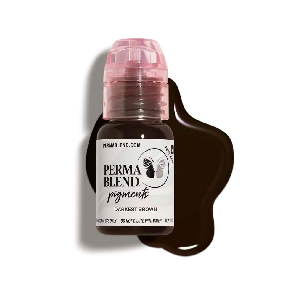 Perma Blend Brow Pigments bottle in darkest brown shade with pigment swatch on white background