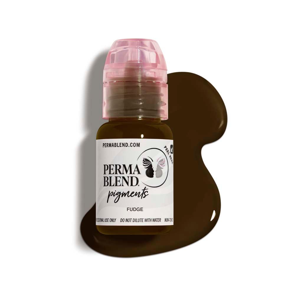 Perma Blend Brow Pigments bottle in fudge shade with pigment spilled behind on white background