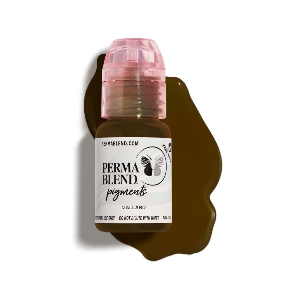 Perma Blend Brow Pigments bottle in Mallard shade with dark brown pigment spill on white background