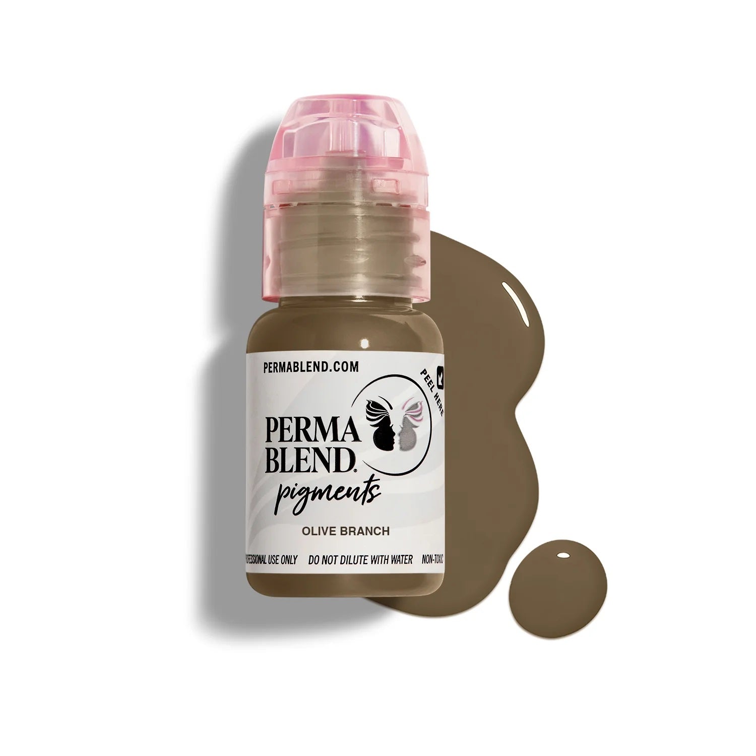 Perma Blend Correction/Modifier Pigments bottle with olive green pigment spill for permanent make-up supplies.